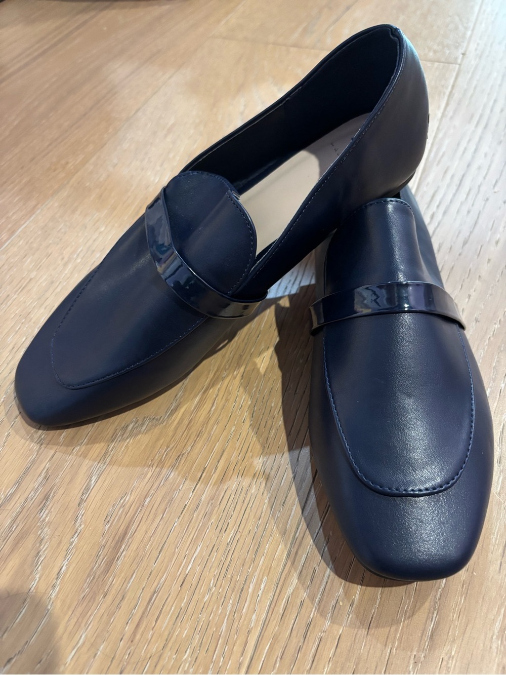 H by Halston Navy Leather Loafers with Glossy Strap